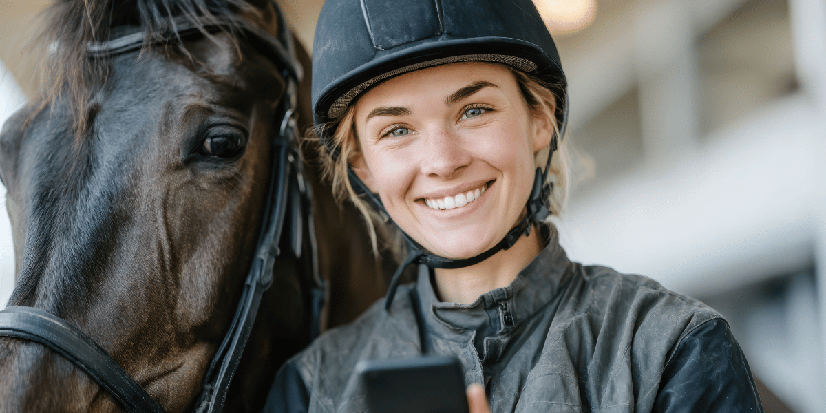 Trainer with her race horse using Stablfy to send owner updates
